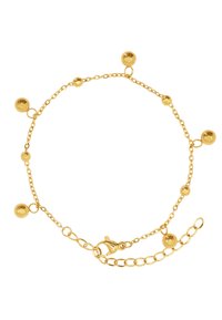 Bracciale in oro con una delicata catena e perline tonde. Presenta un gancio a forma di aragosta e lunghezza regolabile con una catena di estensione.
