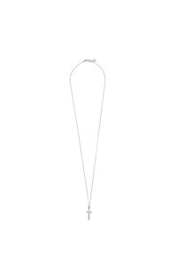 Collier argenté avec une fine chaîne et un pendentif croix simple. Le design présente une forme minimaliste et une texture lisse.