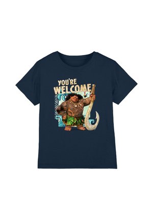 Navy blue t-shirt featuring a graphic of a character holding a large hook, with white and brown text reading "YOU'RE WELCOME!" and tropical accents.
