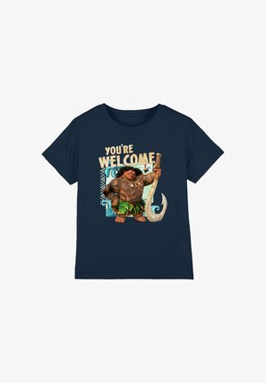 Navyblaue T-Shirt mit einer Grafik eines Charakters, der einen großen Haken hält, mit weißem und braunem Text "DANKE!" und tropischen Akzenten.