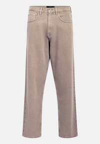 Jean rectos de mezclilla en color beige, con un diseño clásico de cinco bolsillos, acentos cosidos y un acabado de dobladillo limpio.