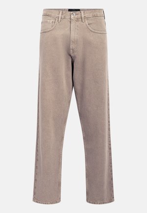Beige straight-leg jeans made of denim, featuring a classic five-pocket design, stitched accents, and a clean hem finish.