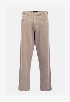 Beige straight-leg jeans made of denim, featuring a classic five-pocket design, stitched accents, and a clean hem finish.