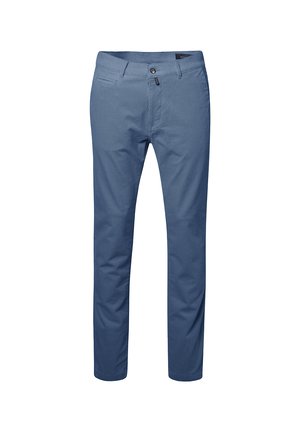 Blue cotton trousers featuring a straight cut, button closure, belt loops, and a single front pocket with a subtle textured pattern.