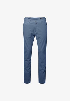 Blue cotton trousers featuring a straight cut, button closure, belt loops, and a single front pocket with a subtle textured pattern.