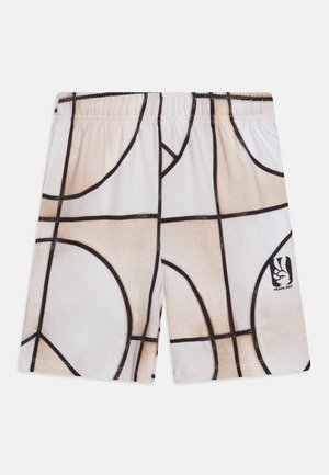 Shorts à motif de basketball dans un ton beige et blanc, comportant des lignes noires et un logo "Peace Out" en bas à droite.