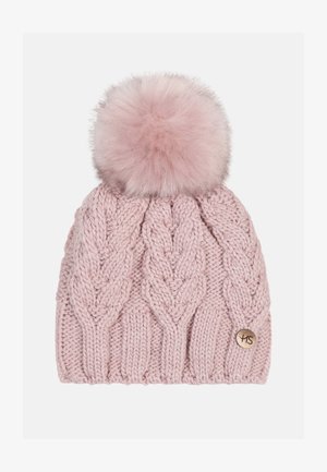 Lyserød strikket hue med et kabelmønster og en blød pom-pom på toppen. Har et lille metal logoaccenter på siden.