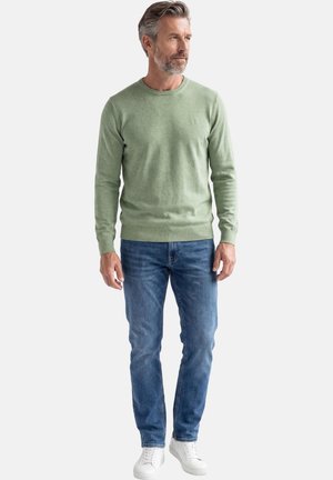 Uomo con capelli grigi e barba che indossa un maglione a maniche lunghe verde chiaro, jeans blu e scarpe da ginnastica bianche, in piedi e che guarda di lato.