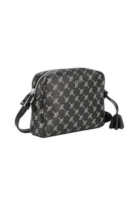 Borsa a tracolla sintetica nera con motivo a rete bianco su tutta la superficie, chiusura zip e dettaglio con nappina intrecciata. Inclusa tracolla regolabile.