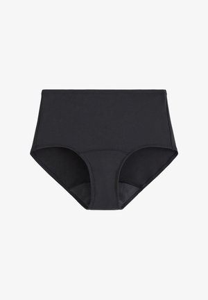 Vysoké černé kalhotky vyrobené z hladké tkaniny, s bezešvým designem a lehkými síťovinovými stranami pro lepší prodyšnost.