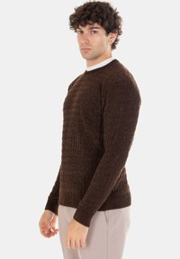 Uomo con capelli ricci che indossa un maglione marrone scuro a trama e pantaloni beige chiaro, in piedi davanti a uno sfondo chiaro uniforme.
