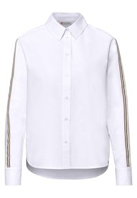 Biała koszula na guziki z klasycznym kołnierzykiem. Rękawy zdobią paski w kolorach brązowym i beżowym. Wykonana z gładkiej tkaniny.