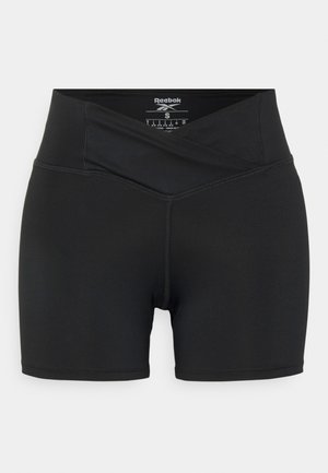 Shorts de sport noirs en tissu extensible. Dotés d'une taille haute avec un design croisé et des coutures plates pour plus de confort.