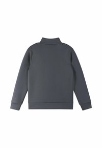 Dark gray sweatshirt with a high collar, long sleeves, and ribbed cuffs. Smooth texture and simple, minimalist design. No visible logos.