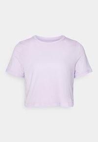 Vaaleanpurppura lyhythihainen t-paita, joka on valmistettu verkkokankaasta ja jossa on pyöreä kaula-aukko ja lyhyet hihat. Paidan helmassa on ommeltu yksityiskohtia.