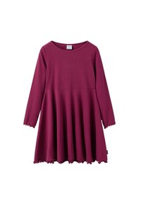 Mekko, jossa on pitkähihaiset hihnat, burgundinvärisestä ribbikankaasta, flared-hame ja aaltoileva reunus helmoissa ja hihoissa. Pyöreä pääntie ja rento istuvuus.