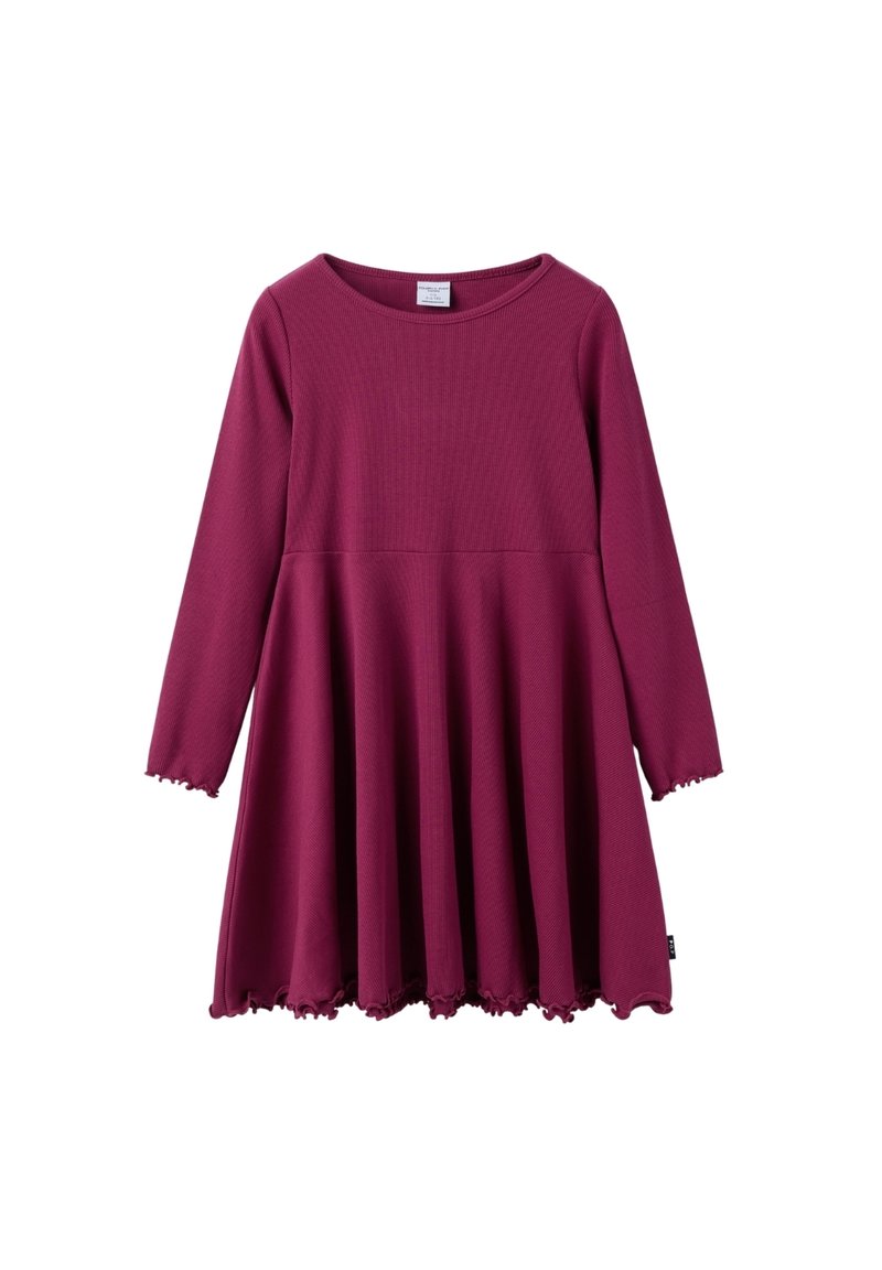 Mekko, jossa on pitkähihaiset hihnat, burgundinvärisestä ribbikankaasta, flared-hame ja aaltoileva reunus helmoissa ja hihoissa. Pyöreä p�ääntie ja rento istuvuus.