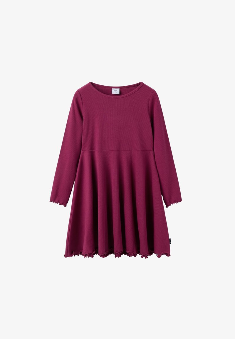 Mekko, jossa on pitkähihaiset hihnat, burgundinvärisestä ribbikankaasta, flared-hame ja aaltoileva reunus helmoissa ja hihoissa. Pyöreä pääntie ja rento istuvuus.