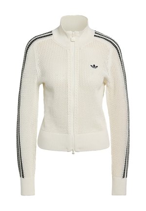 White knitted zip-up jacket with high collar, featuring black three-stripe accents on sleeves and small black logo on the chest.