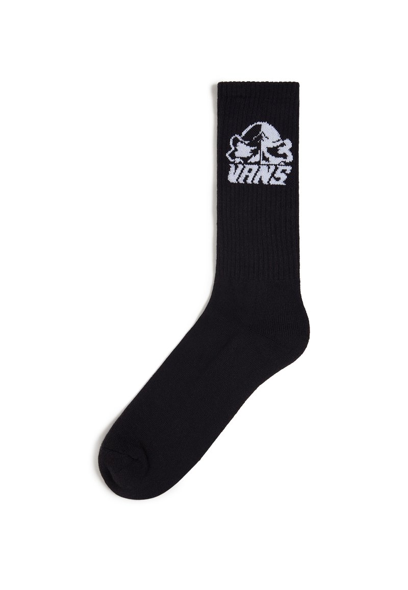Schwarze Baumwollsocke mit gerippter Textur, die oben mit dem weißen Vans-Logo und einem grafischen Design verziert ist. Standardmäßiger sportlicher Schnitt.
