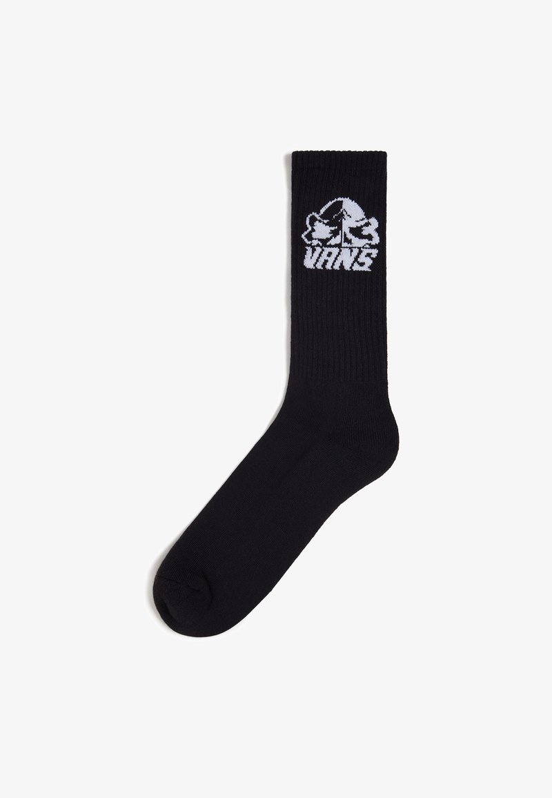 Musta puuvillainen sukka, jossa on ribbitettu pinta ja valkoinen Vans-logo sekä graafinen kuvasto yläosassa. Standardi urheilusukkaan leikattu.