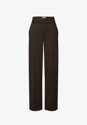 Brown wide-leg trousers with a flat waistband, two decorative buttons at the front, and a smooth, soft texture.