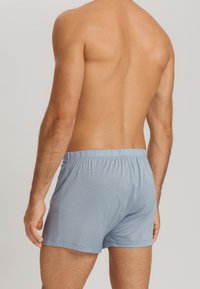 Světle modré bavlněné boxerky s elastickým pasem, hladkým povrchem a přiléhavým střihem, zobrazené zezadu.
