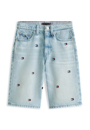 Hele sinised teksapüksid, millele on tikitud väikesed punased, valged ja mustad Tommy Hilfigeri logod, ees taskud ja vööaugud.