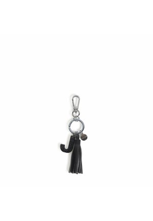 Portachiavi nero con finitura opaca, lettera "J" testurizzata e nappina in pelle con hardware metallico e anello circolare.