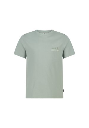 Lichtgroen T-shirt met korte mouwen en ronde hals, met kleine "Malibu Surf"-tekst en surfboardvin-afbeeldingen op de linkerborst.