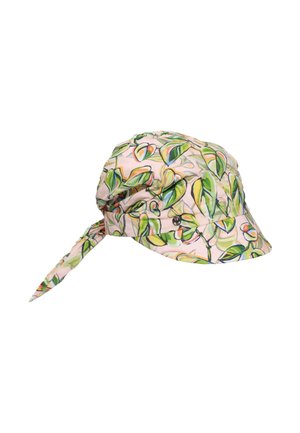 Light pink cap with green and yellow leaf pattern, featuring a soft fitted crown, short brim, and tied fabric extending from back.