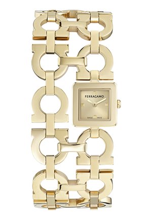 Goldfarbene Ferragamo-Armbanduhr mit quadratischem Zifferblatt und minimalistischem Ziffernblatt, verbunden durch große, markante Glieder in Kettenform.