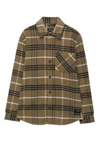 Camisa de cuadros marrón y beige hecha de franela, con botones en la parte delantera, cuello, mangas largas y un bolsillo en el pecho con un diseño diagonal.