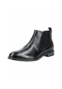 Schwarze Leder-Chelsea-Stiefel mit elastischen Seitenpaneelen, glatter Oberfläche, runder Zehenform und niedrigem gestapeltem Absatz. Kein sichtbares Logo oder Verzierungen.