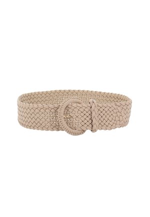 Woven beige belt with a round, textured buckle. Features a braided design and a smooth interior surface, adding visual interest.