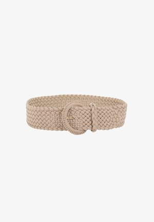 Woven beige belt with a round, textured buckle. Features a braided design and a smooth interior surface, adding visual interest.