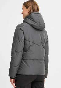 Veste en duvet grise à capuche avec un design matelassé, dotée de poignets élastiques et d'une coupe à la taille. Texture lisse et silhouette simple.