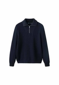 Pull en maille bleu marine foncé à manches longues, texture côtelée, col polo et petit zip à l'avant.