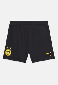 Shorts de sport noirs avec taille élastique, logo de Borussia Dortmund sur la jambe gauche, et logo jaune de Puma sur la jambe droite.