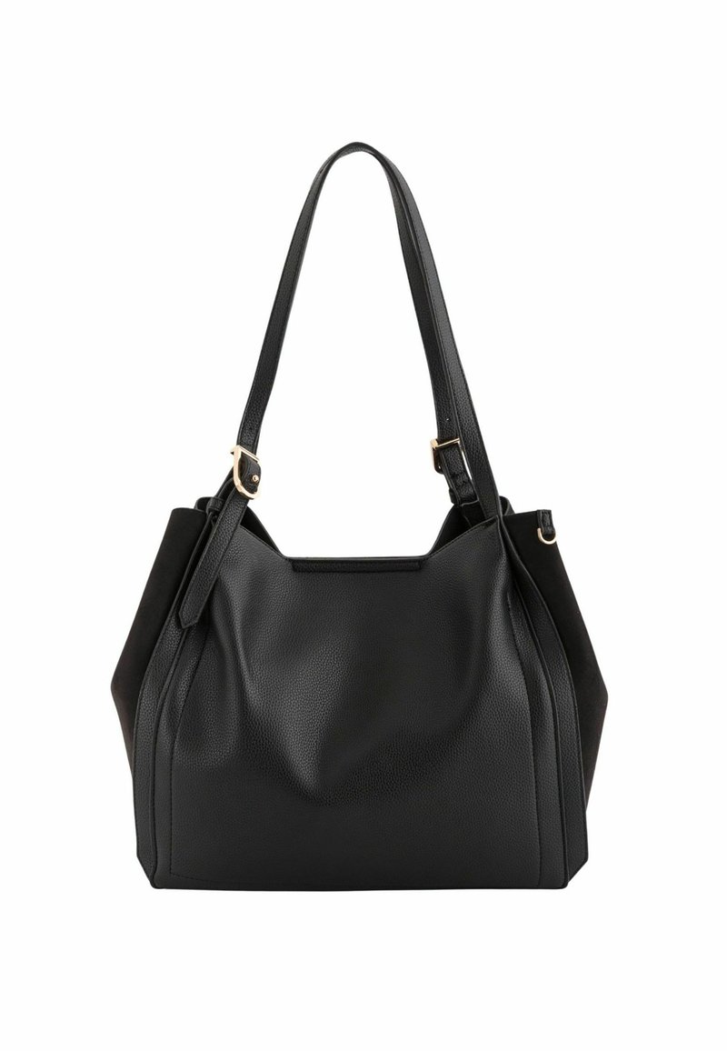 Czarna torebka z teksturowanej skóry, o miękkim kształcie, z podwójnymi uchwytami i złotymi akcentami sprzętowymi. Posiada przestronną główną komorę.