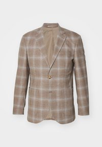 Brown checkered blazer featuring a single button closure, notch lapels, and a smooth interior lining. Notable for its structured fit and pocket details.