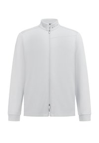 La chaqueta blanca con cremallera presenta un cuello alzado, mangas largas, tejido texturizado y un pequeño bolsillo en el pecho con detalle de marca en el cuello.