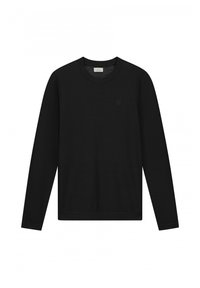 Schwarzer Pullover mit langen Ärmeln, runder Ausschnitt und strukturiertem Strickmuster, mit einem dezenten Logo auf der Brust und einem standardmäßigen Schnitt.