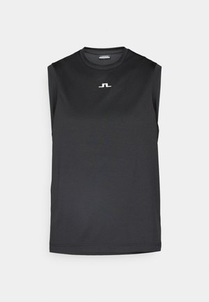 Sleeveless black athletic top made of smooth fabric. Features a round neck and a small white logo on the chest.
