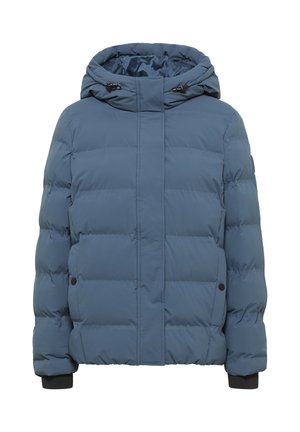 Gewatteerde blauwe jas met een capuchon, met een ritsluiting, elastische manchetten en zijzakken. Materiaal heeft een gladde textuur.