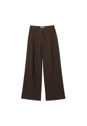 Braune weite Hosen aus einem glatten Stoff, mit vorderen Falten, seitlichen Taschen und einem Knopfverschluss an der Taille.