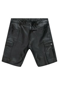 Zwarte leren shorts met een elastische tailleband, twee voorkruimelpockets en twee zijvakken. Gladde textuur met een stijlvolle ontwerp.