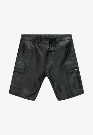 Zwarte leren shorts met een elastische tailleband, twee voorkruimelpockets en twee zijvakken. Gladde textuur met een stijlvolle ontwerp.