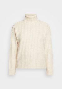 Sweter z golfem w kolorze off-white, wykonany z miękkiego materiału. Posiada długie rękawy i luźny krój z prostym dołem.