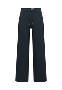 Pantalon à jambes larges en tissu bleu foncé, doté d'une taille à cordon, de détails sur les coutures latérales et d'une texture douce. Design épuré et simple.